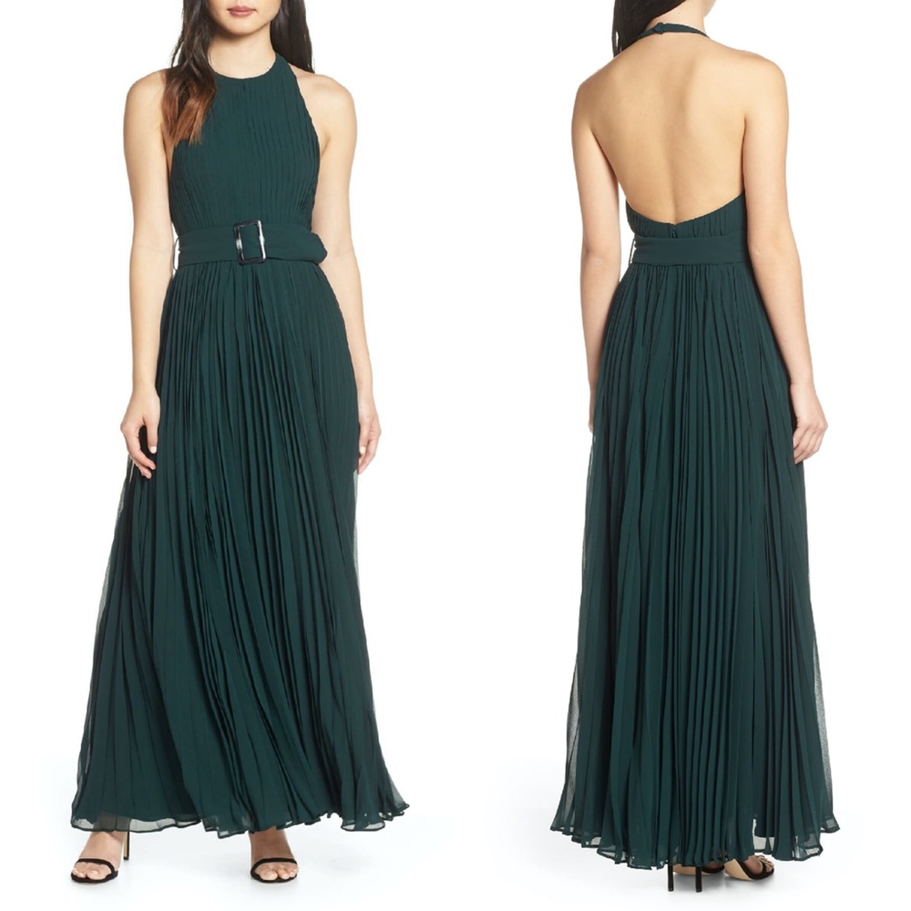 NEW Fame & Partners FOREST GREEN The Felice HALTER Pleated BELT Evening GOWN 10 - Picture 1 of 16